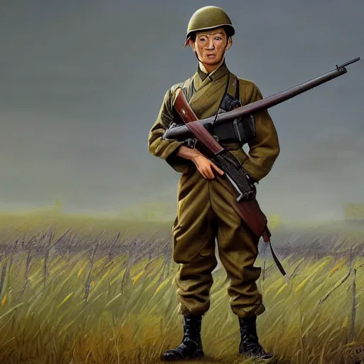 Prompt: a Japanese soldier from WW2 holding a rifle, standing in a field, high detail digital painting by Karl Kopinski and Frank Frazetta, trending on artstation, masterpiece, 4k wallpaper