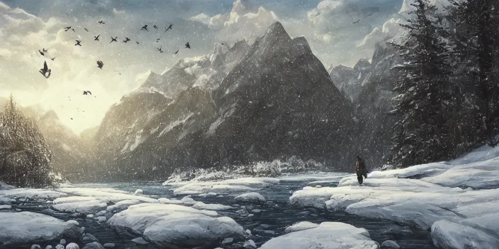 Image similar to A majestic landscape featuring a river, mountains and a forest. A small group of birds is flying in the sky. Harsh winter. very windy. There is a man walking in a deep snow.Camera is positioned behind the man. Cinematic, very beautiful, painting in the style of Lord of the rings