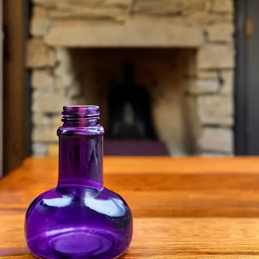 Prompt: an old - fashioned bottle of purple ink on a wooden table in a dim cabin, fireplace in the background, depth of field, 8 k award - winning photography