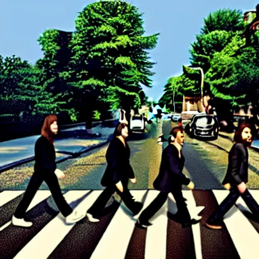 Image similar to 4 men walking on crosswalk on abbey road, city, digital art, 8 k.