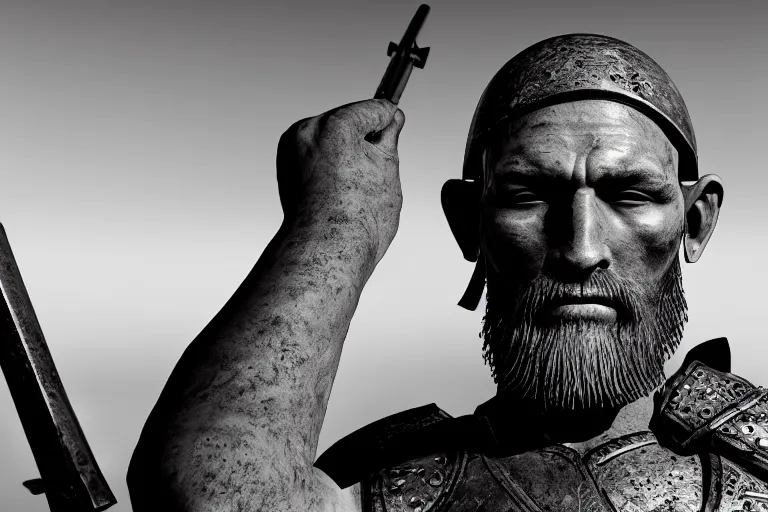 Prompt: still photo of 1 st century war man looking at the camera in a battlefield, black and white color aesthetic, highly detailed, photorealistic portrait, bright studio setting, studio lighting, crisp quality and light reflections, unreal engine 5 quality render