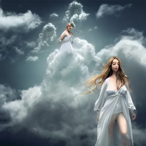 Prompt: goddess wearing a cloud fashion on the clouds, photoshop, colossal, creative, albino skin, giant, digital art, photo manipulation, clouds, covered in clouds, girl clouds, on clouds, covered by clouds, a plane flying, white hair, digital painting, artstation