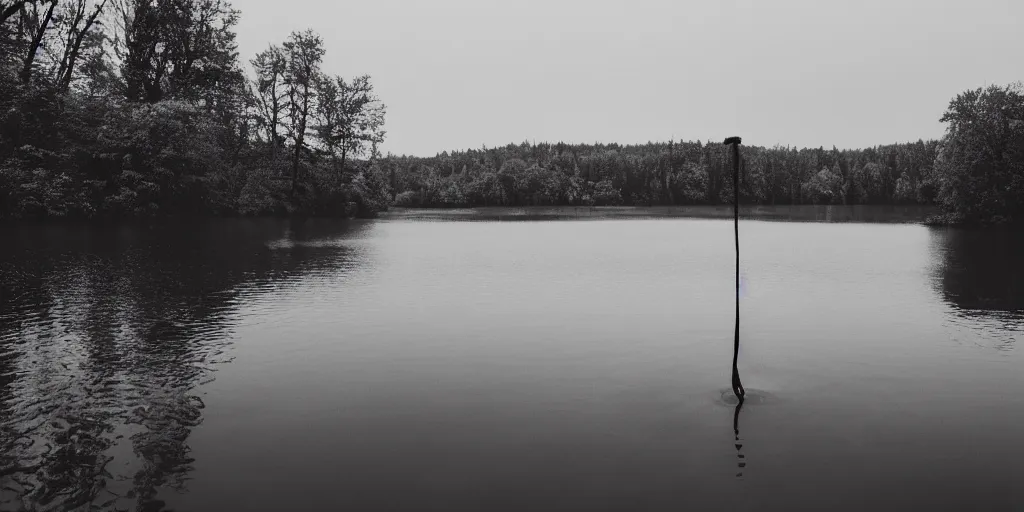 Image similar to symmetrical photograph of a very long rope on the surface of the water, the rope is snaking from the foreground stretching out towards the center of the lake, a dark lake on a cloudy day, trees in the background, moody scene, dreamy kodak color stock, anamorphic lens