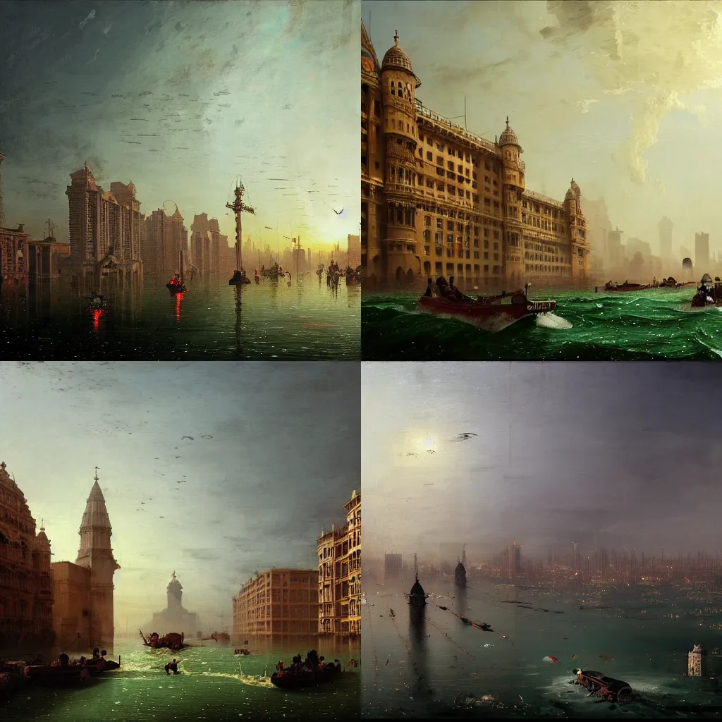 Prompt: Megacity Mumbai submerged because of global warming, by Canaletto, by Wes Anderson, by Greg Rutkowski, by oil on canvas, masterpiece, detailed, dynamic, cinematic composition, beautiful lighting, view from ground, trending on artstation, top on pixiv, 8K, award winning, no frames,