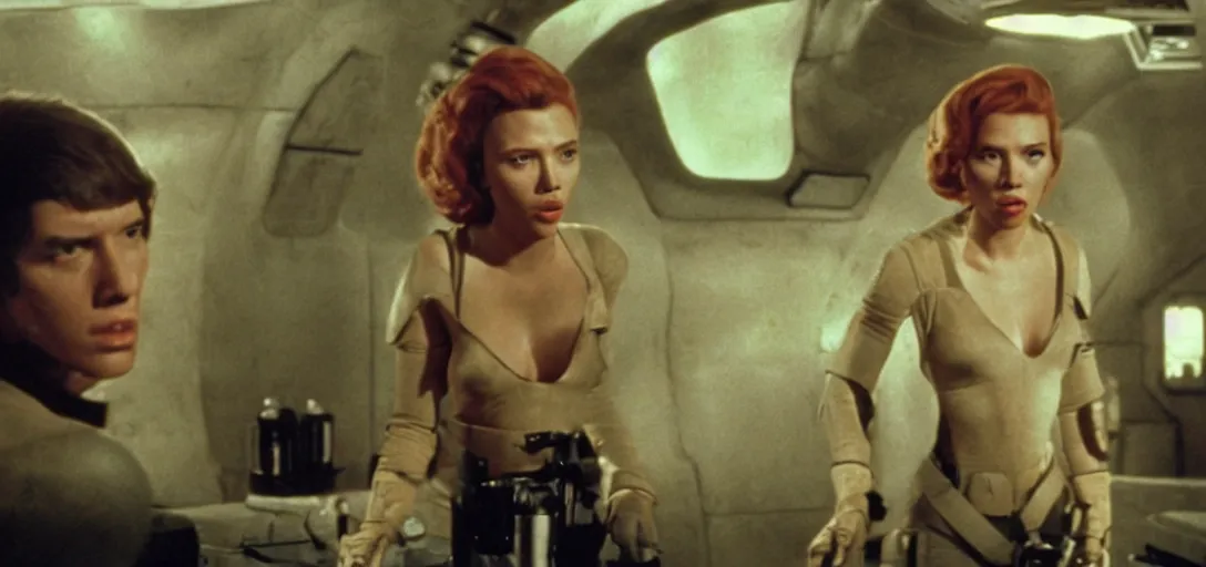 Prompt: a still of Scarlett Johansson in the cantina speaking to an alien in Star Wars (1977)