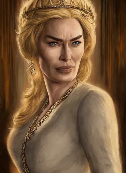 Image similar to cersei lannister by anne stokes and larry elmore, detailed matte painting, realistic portrait, symmetrical, highly detailed, digital painting, artstation, concept art, smooth, sharp focus, illustration, cinematic lighting, 8 k resolution