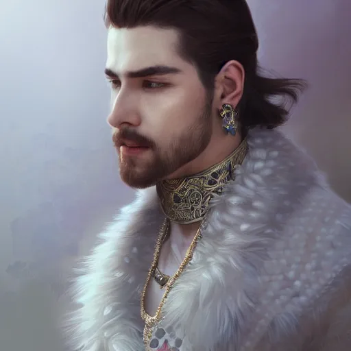 Prompt: a realistic transmasculine king with decorated clothes made of white pearls and white plumes of swan, highly detailed, digital painting, Trending on artstation , HD quality, by artgerm and greg rutkowski and alphonse mucha, dramatic light, octane