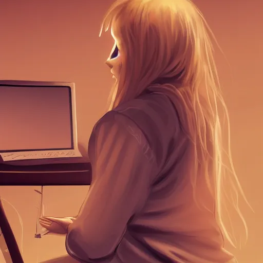 Image similar to finnish girl in pyjamas working on computer, tired bags around eyes, digital art, artstation