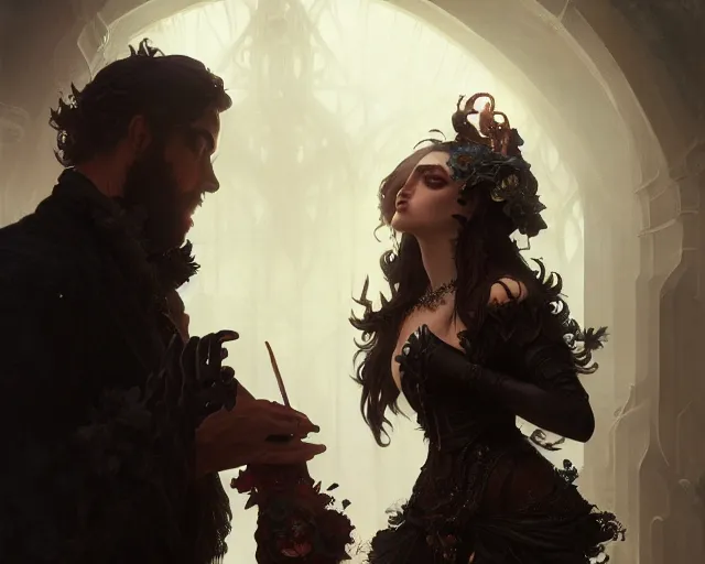 Prompt: photography of two people in gothic party, deep focus,, fantasy, intricate, elegant, highly detailed, digital painting, artstation, concept art, matte, sharp focus, illustration, hearthstone, art by artgerm and greg rutkowski and alphonse mucha