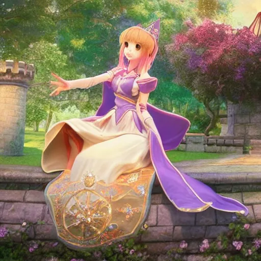 Image similar to a pleasant, beautiful, funny, smooth 3D CG render, semirealistic anime style, a noble priestess magician princess girl wearing dress and jewelry, in a glorious magic kingdom with castle and walls, relaxing calm vibes, fairytale, octane render