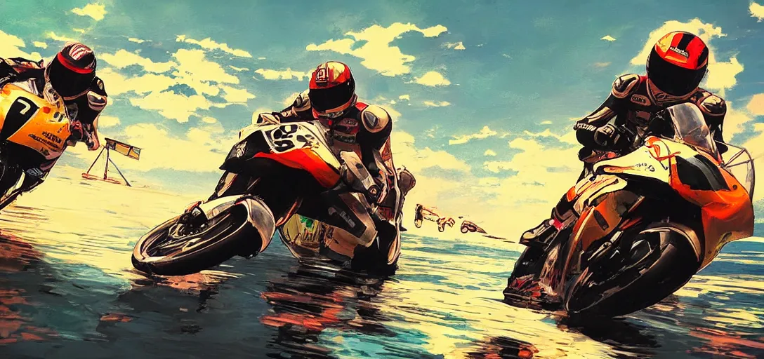 Prompt: motorcycle racing over water, action shot, in the style of makoto shinkai, gritty, bright color hues, high detail