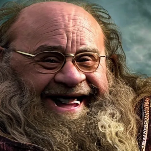 Prompt: movie still of danny devito starring as gimli in the 2 0 2 6 lord of the rings movie, full body, hyper realistic, high quality