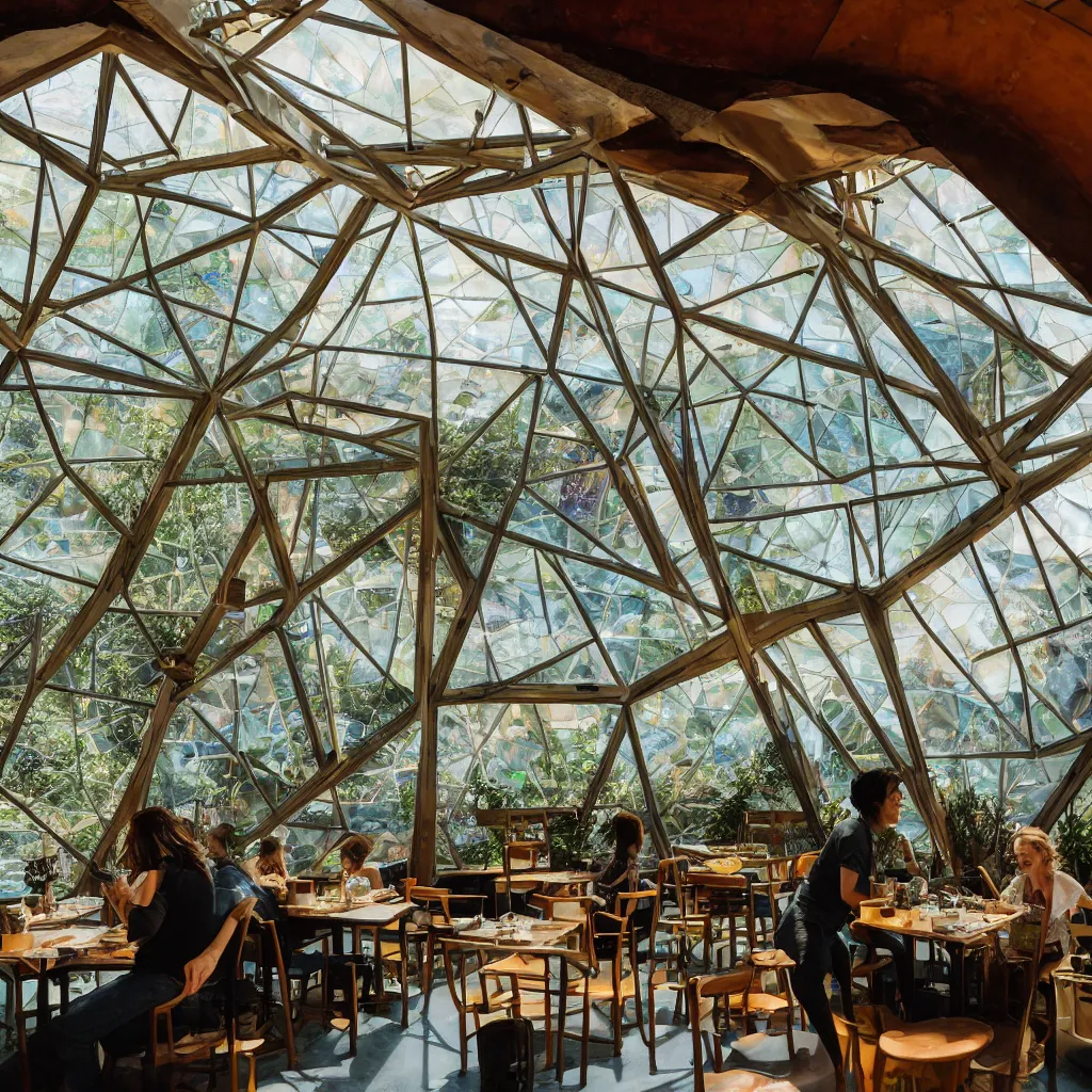 Prompt: inside luxurious earthship cafe with sunken lounge and indoor garden with skylights, friendly barista, and artist painting a geometric mural on the wall, clean and simple composition, golden ratio, rule of thirds, XF IQ4, 150MP, 50mm, F1.4, ISO 200, 1/160s, dawn