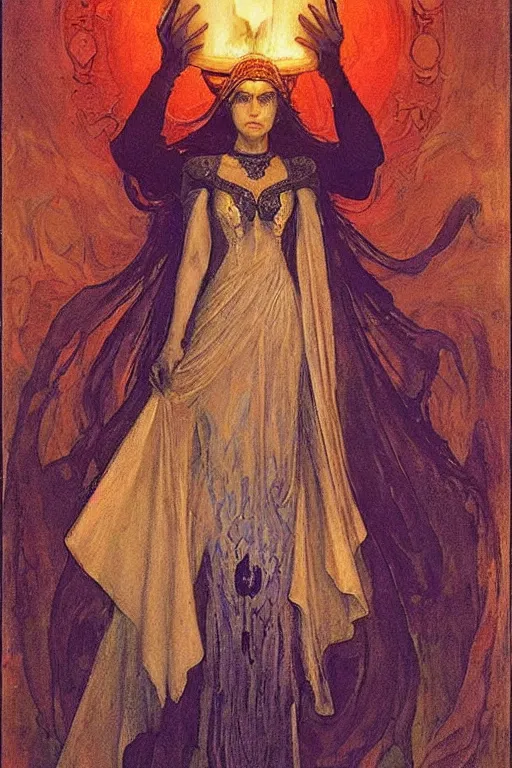 Image similar to queen of the underworld with her lantern, by Annie Swynnerton and Nicholas Roerich and jean delville, dramatic cinematic lighting , ornate headdress , flowing robes, sacred artifacts, lost civilizations, smooth, sharp focus, extremely detailed
