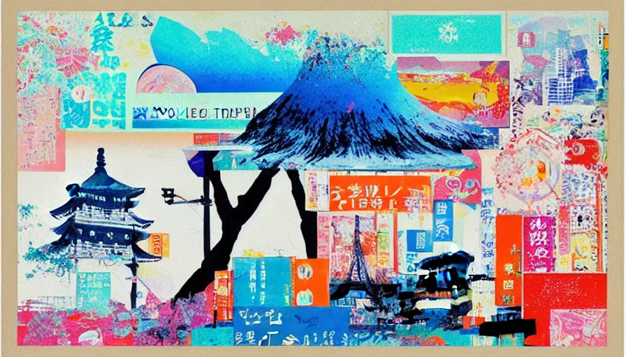 Image similar to Japan travel and adventure, minimalist negative space white acrylic base coat, mixed media collage painting by Jules Julien, Leslie David and Lisa Frank, muted colors with minimalism, neon color mixed collage cutout details