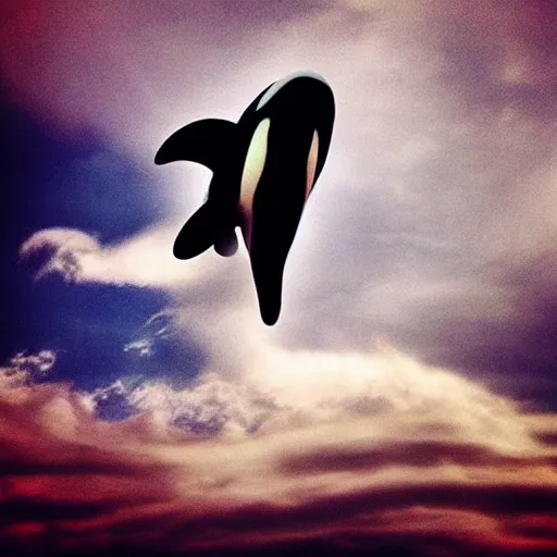 Image similar to photo of !dream “An orca jumping out of a sea of clouds”