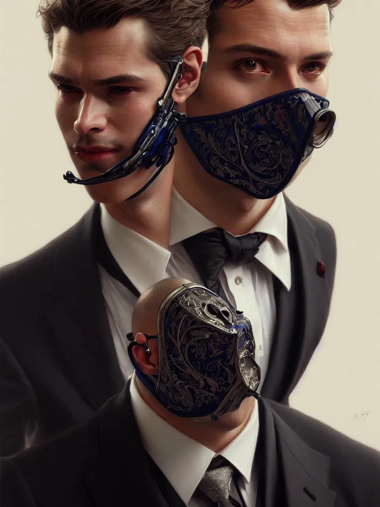 Image similar to ultra realistic illustration, a male with fabric mask, suit and tie, intricate, elegant, highly detailed, digital painting, artstation, concept art, smooth, sharp focus, illustration, art by artgerm and greg rutkowski and alphonse mucha