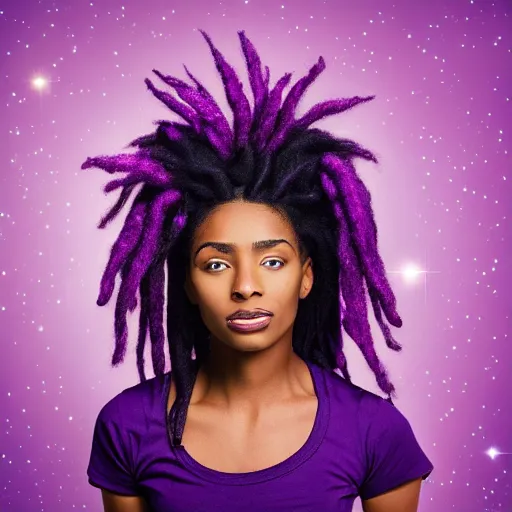 Prompt: black woman with purple dreads in space