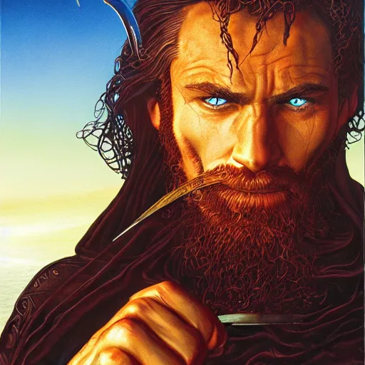 Prompt: the prince of thieves, illustration by michael whelan and pete lyon, fantasy art, visionary art, acrylic painting, tone mapping, striking facial features