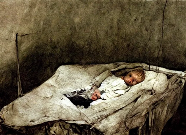 Image similar to poor child sleeping in a dirty makeshift hospital, painting by andrew wyeth and alan lee, very detailed, somber mood, realistic sad faces