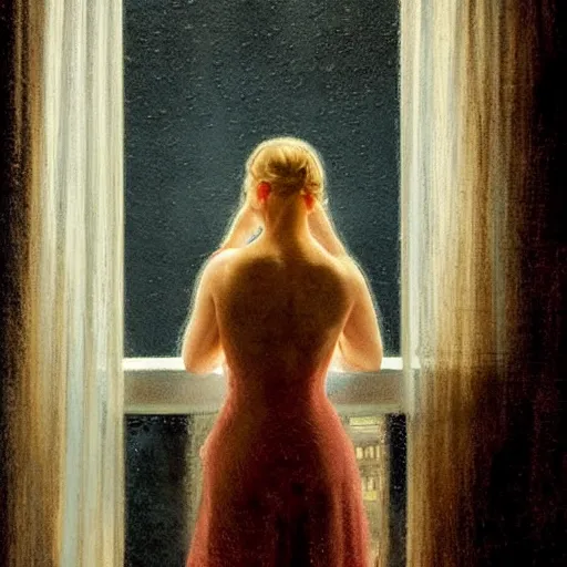 Image similar to silhouette of a Elle Fanning gazing out her hotel window at the rain, extremely detailed masterpiece, oil on canvas, low-key neon lighting, artstation, by J. C. Leyendecker and Peter Paul Rubens,