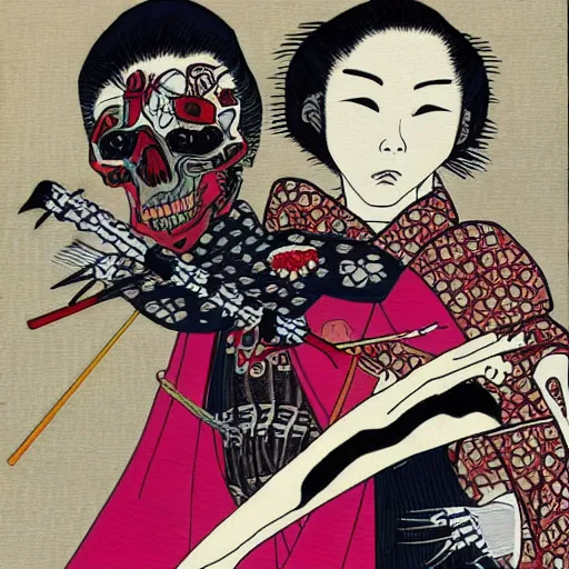 Image similar to portrait of a skeleton samurai and his beautiful Japanese wife by Toshio Saeki, high detailed