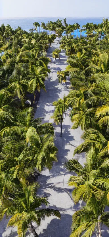 Image similar to highly aerial photo of walkway with palm trees, by shunji dodo, 8 k resolution, photo, high quality