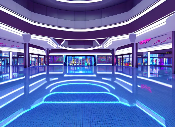 Prompt: inside a massive pristine empty mall with a large swimming pool, neon lights, highly detailed, 8 k, hdr, award - winning, octane render, trending on artstation, volumetric lighting