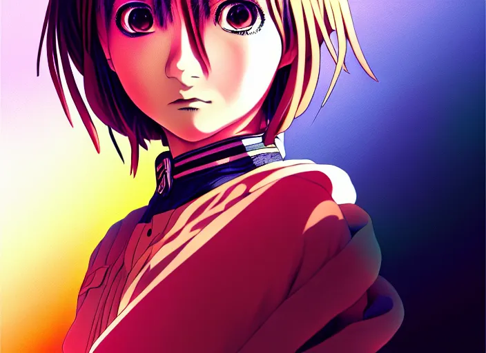 Image similar to editorial illustration colorful anime portrait of shiina ringo, murata range, last exile, yoh yoshinari, studio trigger, anime, manga, ilya kuvshinov, fine texture, realistic shading, fine details, matte colors, dramatic lighting, dynamic composition, moody, vivid, volumetric, stippled lighting, cinematic