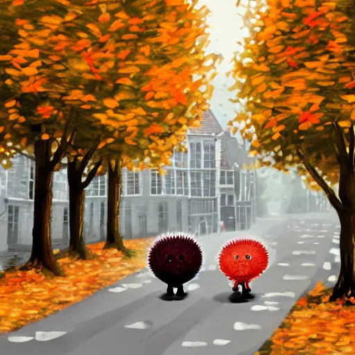 Prompt: 2 hedgehogs walking across the street next to eachother in Bruges, Belgium, in the style of shinji aramaki, autumn, evening, romantic