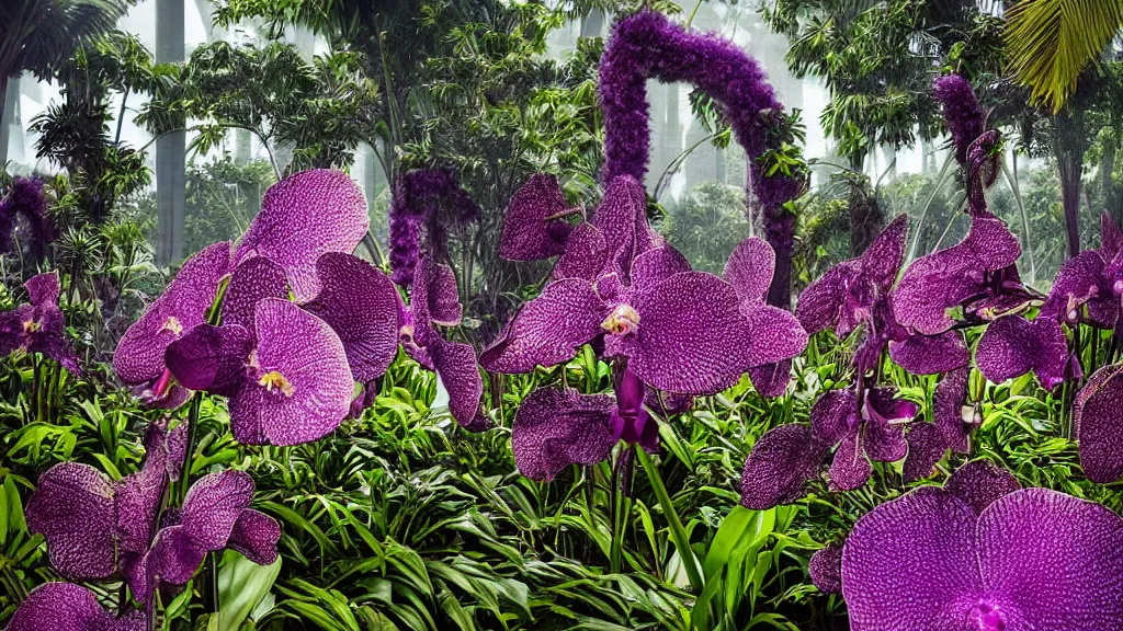 Image similar to giant purple orchid growing of out gardens by the bay in singapore. andreas achenbach, artgerm, mikko lagerstedt, zack snyder, tokujin yoshioka