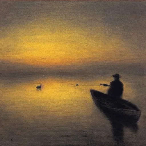 Image similar to silhouette of an old man fishing from a tiny boat at dawn, tonalism