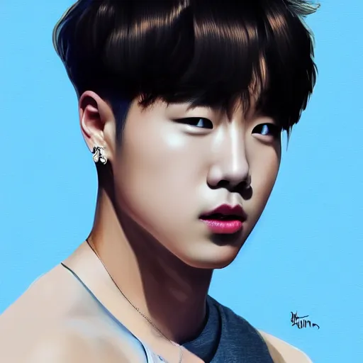 Image similar to wide angle full body portrait of Park Jimin of BTS, with a perfect face and perfect body, thin waist, plump lips, intricate, single face, wearing greek Palla, ethereal, men fall for him, short blonde hair, blue eyes, hunter eyes, highly detailed, digital painting, artstation, concept art, smooth, sharp focus, illustration, Unreal Engine 5, 8K, art by artgerm and greg rutkowski and alphonse mucha