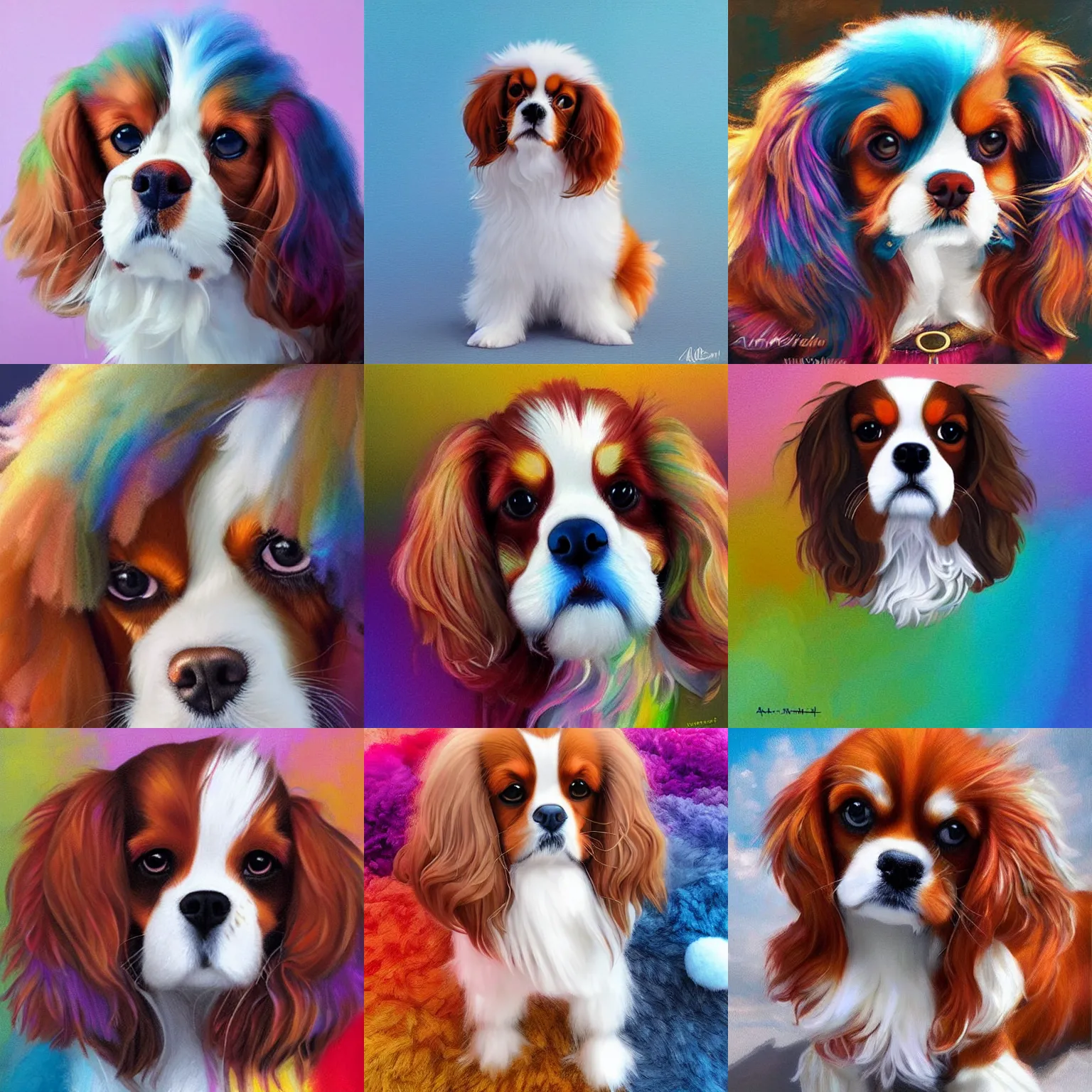 Prompt: fluffy cotton wool of many different colors, cavalier king charles spaniel, with colorful fluff, cotton wool balls, multicolored fluff, art by artgerm and krenz cushart