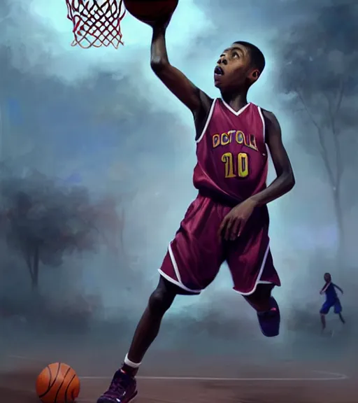 Image similar to portrait of a boy at a basketball court playing basketball wearing a basketball uniform in a basketball court standing near the basketball hoop, poised, intense emotion, detailed facial expression, detailed surroundings, intricate, elegant, highly detailed, centered, digital painting, artstation, concept art, smooth, sharp focus, illustration, by Peter Mohrbacher, WLOP