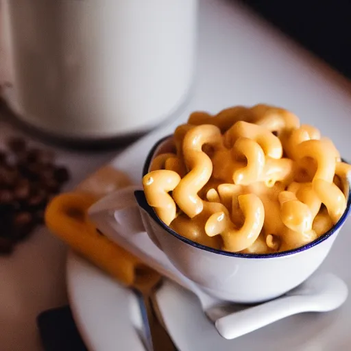 Prompt: a hyper realistic photo of a living box of mac and cheese holding a cup of coffee