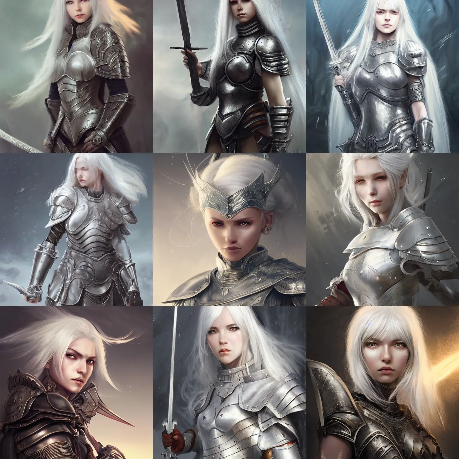 Prompt: fantasy art of beautiful woman warrior in plate armor, medium shot, white hair, very realistic, very detailed, cgsociety, anime, matte painting, intricate, by wlop