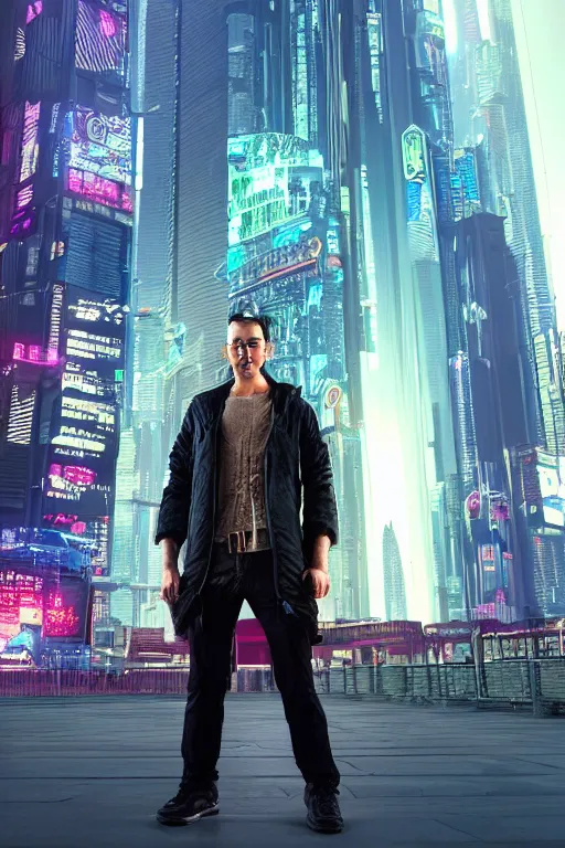 Image similar to portrait of a beautiful cyberpunk man standing in front of a cyberpunk city.