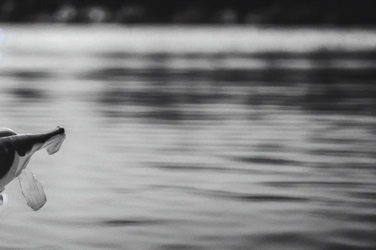 Image similar to a real life water pokemon swimming in a lake, sight proof, black and white, blurry, old camera, grainy, motion blur, unfocused, full body shot, wide angle