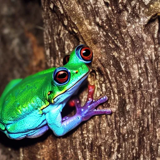 Prompt: a realistic blue metallic tree frog sitting in a tree, cybernetic