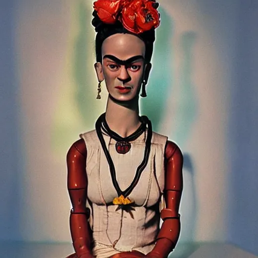 Prompt: Frida Kahlo as a cyborg , doll