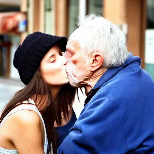 Image similar to beautiful girl kissing dirty homeless old man