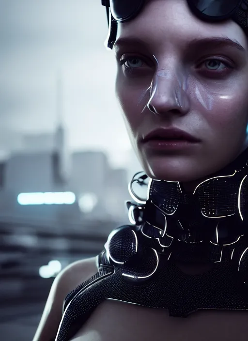 Image similar to 3 / 4 portrait, emma thorpe, crown, transparent skin, futuristic clothing, visible muscle, id magazine, hyperrealism, detailed textures, photorealistic, 3 d cyberpunk apocalyptic city, ultra realistic, cinematic, intricate, cinematic light, unreal engine 8 k, octane render, unreal engine, david kostic, artgerm