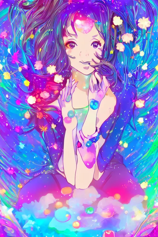 Image similar to psychedelic, whimsical, anime, 4k, beautiful intimate woman vaping with professional makeup, long trippy hair, a crystal and flower dress, sitting in a reflective pool, surrounded by gems, underneath the stars, rainbow fireflies, trending on patreon, deviantart, twitter, artstation, volumetric lighting, heavy contrast, art style of Ross Tran and Ilya Kuvshinov