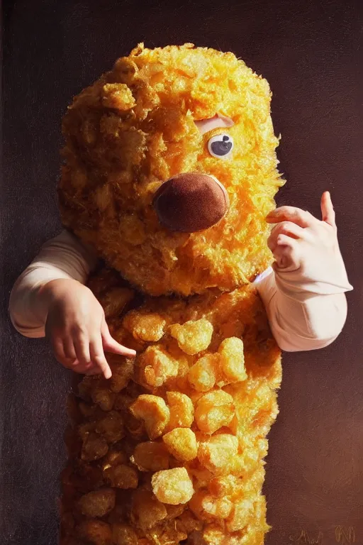 Image similar to channing tatum in a tater tot costume, oil on canvas, intricate, 8 k highly professionally detailed, hdr, cgsociety