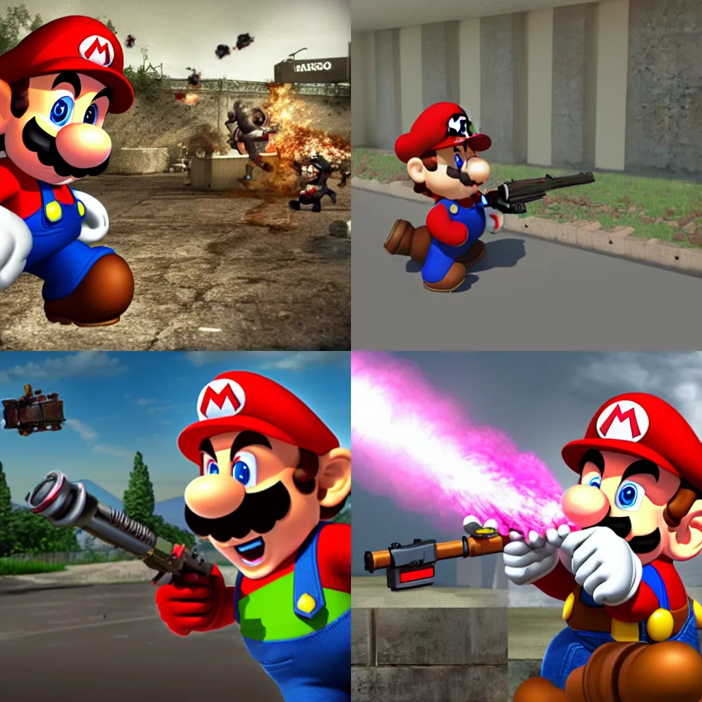 Prompt: Mario with a minigun shoots back from zombies, 3d graphics, 3d render, details