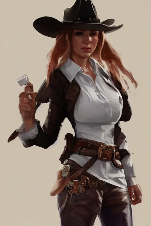 Image similar to full body, female cowgirl, perfect face, white blouse, holster, 8 k, magic the gathering, desert, d & d, artstation, high detail, smooth, sweaty character concepts by senior concept artist