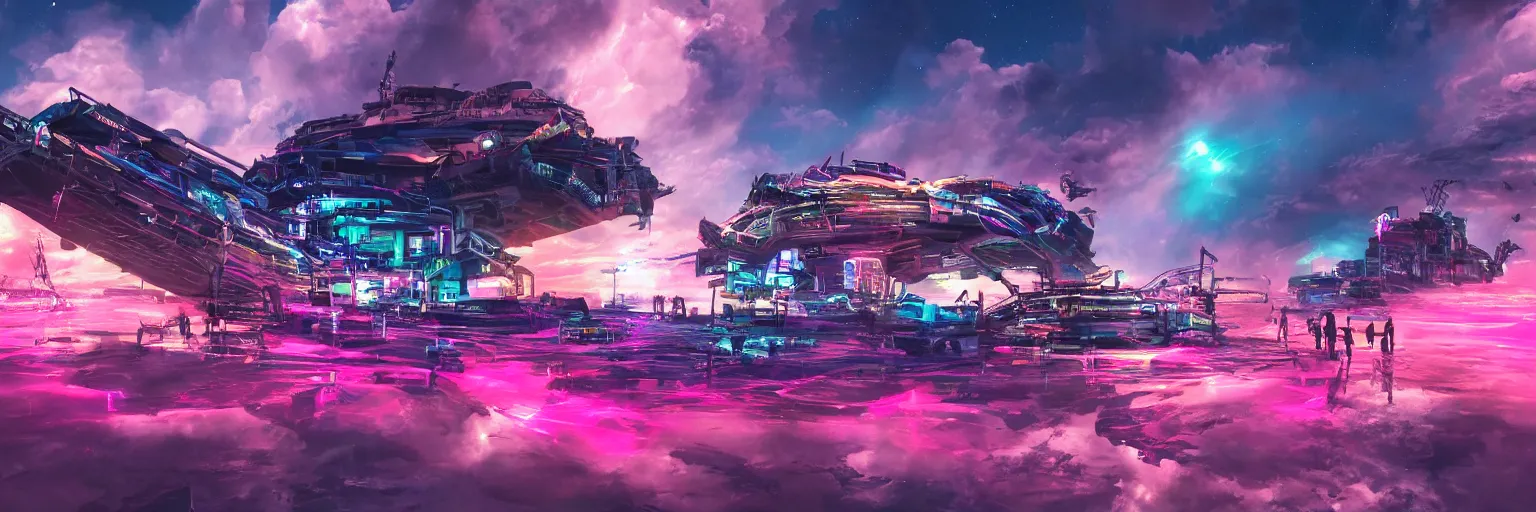 Image similar to spase dogs running with neon mohawks, space, dark, stars, pink, oil painting, pirate neon ship with punks on board, neon, rich deep colors masterpiece, ultra detailed, contrast, lots of roman arches, clouds, sky, volumetric light, atmospheric lighting, dramatic, cinematic, moody, octane render 4 k, 8 k