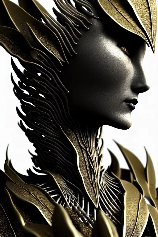 Prompt: bw close - up profile face, black background, beautiful young porcelain vegetal - dragon - cyborg - female, 1 5 0 mm, beautiful natural soft rim light, silver gold details, magnolia leaves and stems, roots, mandelbot fractal, elegant, ultra detailed, white metallic armour, octane render, h. r. giger style