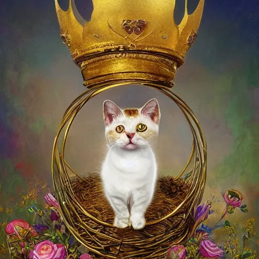 Prompt: long shot of a cute cat nesting in a golden metal crown, by esao andrews, by m. w. kaluta, volumetric light, fresh colors, ultra humorous oil painting, realistic reflections, floral background, smooth, concept art, depth perception, high depth of field, 4 k, unreal engine 5, ultradetailed, hyperrealistic, trending on artstation